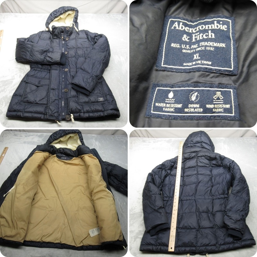 Abercrombie & Fitch Down Jacket Women XL Navy Hooded Insulated Puffer Parka READ